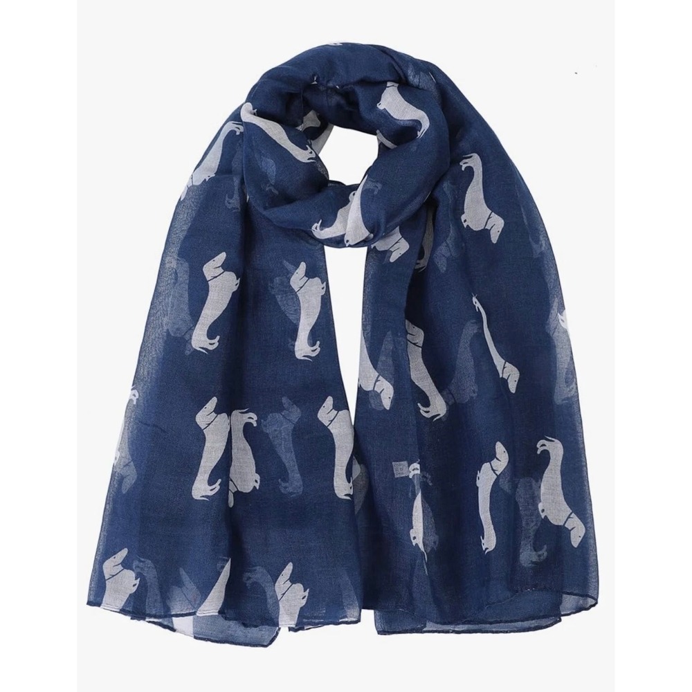 Navy Blue Dachshund Dog Print Scarf Lightweight Sheer Rectangle Wrap Accessory
